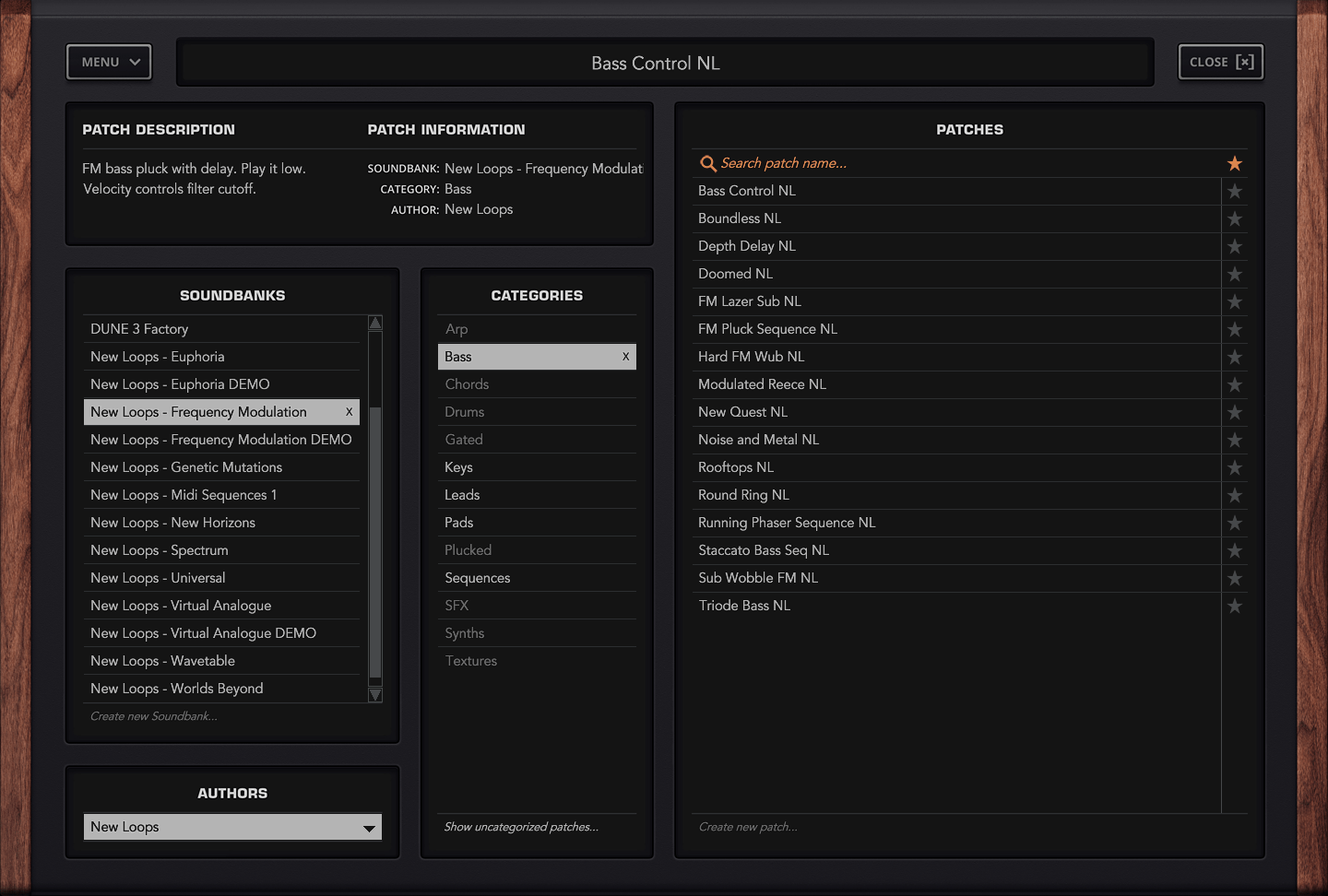 New Loops - Frequency Modulation - Premium FM Dune 3 Presets showing Dune presets in browser.