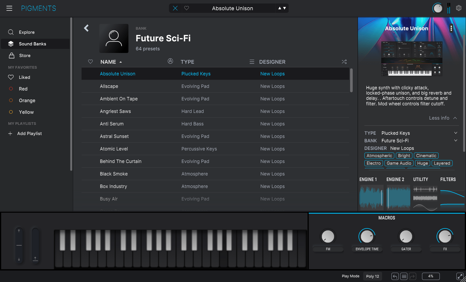 New Loops - Arturia Pigments preset browser showing Future Sci-Fi cinematic presets collection