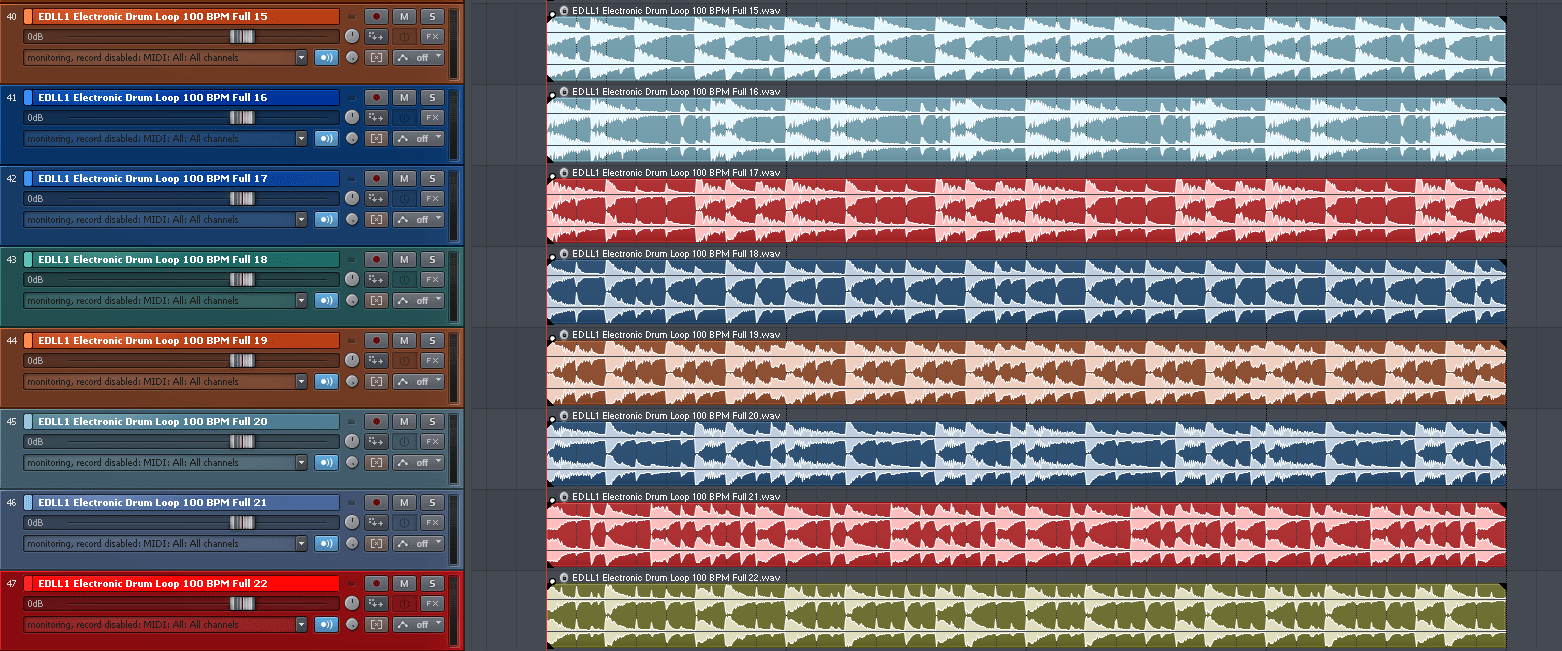 Electronic Drum Loop Layers 1 showing audio loop WAV files loaded in Reaper DAW