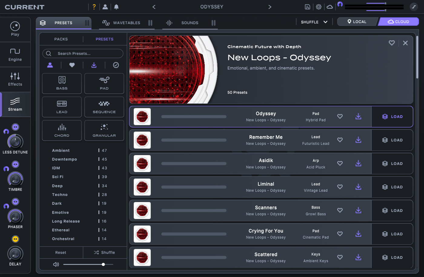 Odyssey Preset Browser in Minimal Audio Current - 50 Electronic Ambient Presets Collection