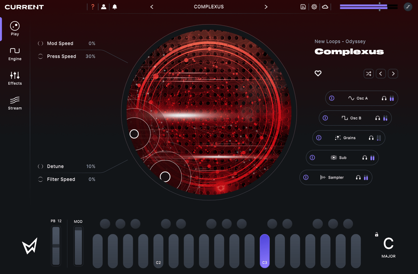 Minimal Audio Current Interface Showing Odyssey Electronic Presets and XY Pad Controls