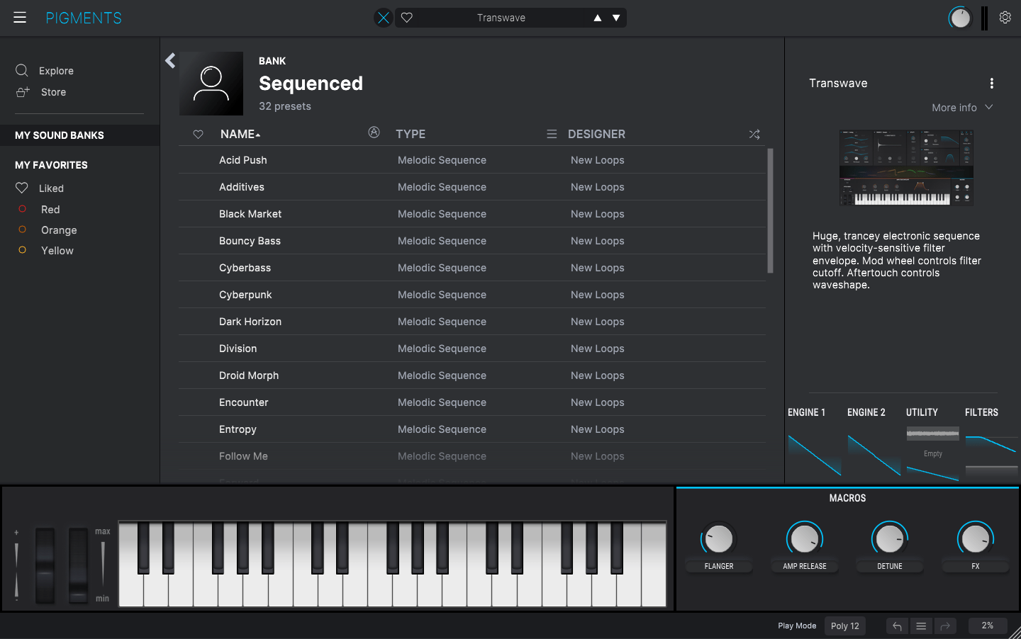 equenced preset browser in Arturia Pigments showing electronic sequence presets collection