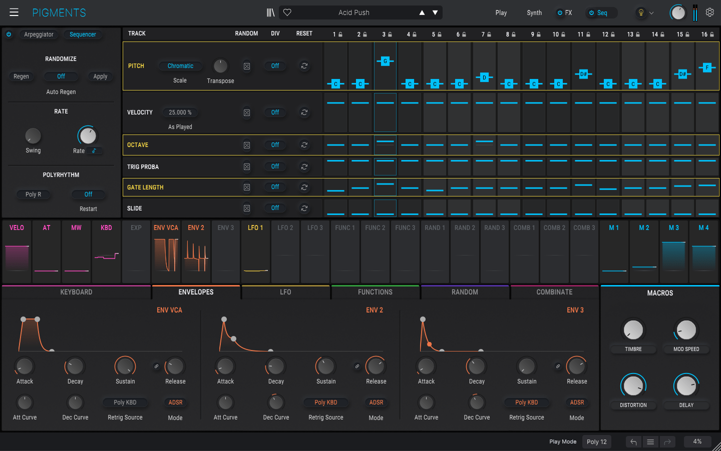 Sequenced - Arturia Pigments Presets interface showing electronic sequence patterns and synthesis controls