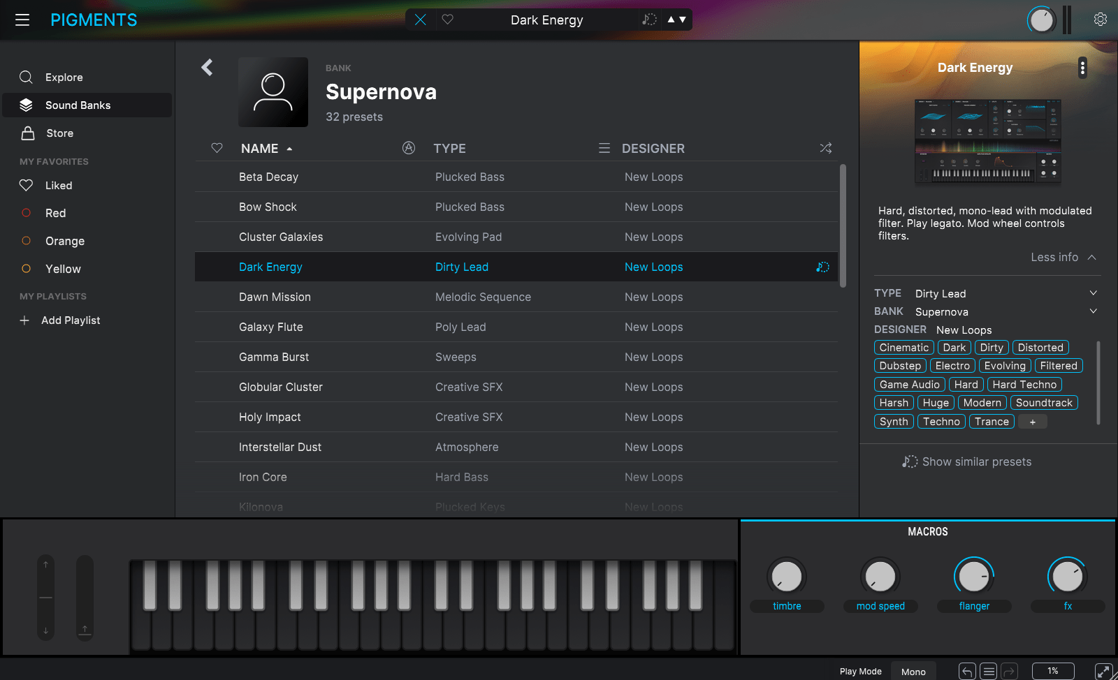 Pigments Synthesizer GUI with Supernova Ambient Keys and Cinematic Pad Presets Loaded