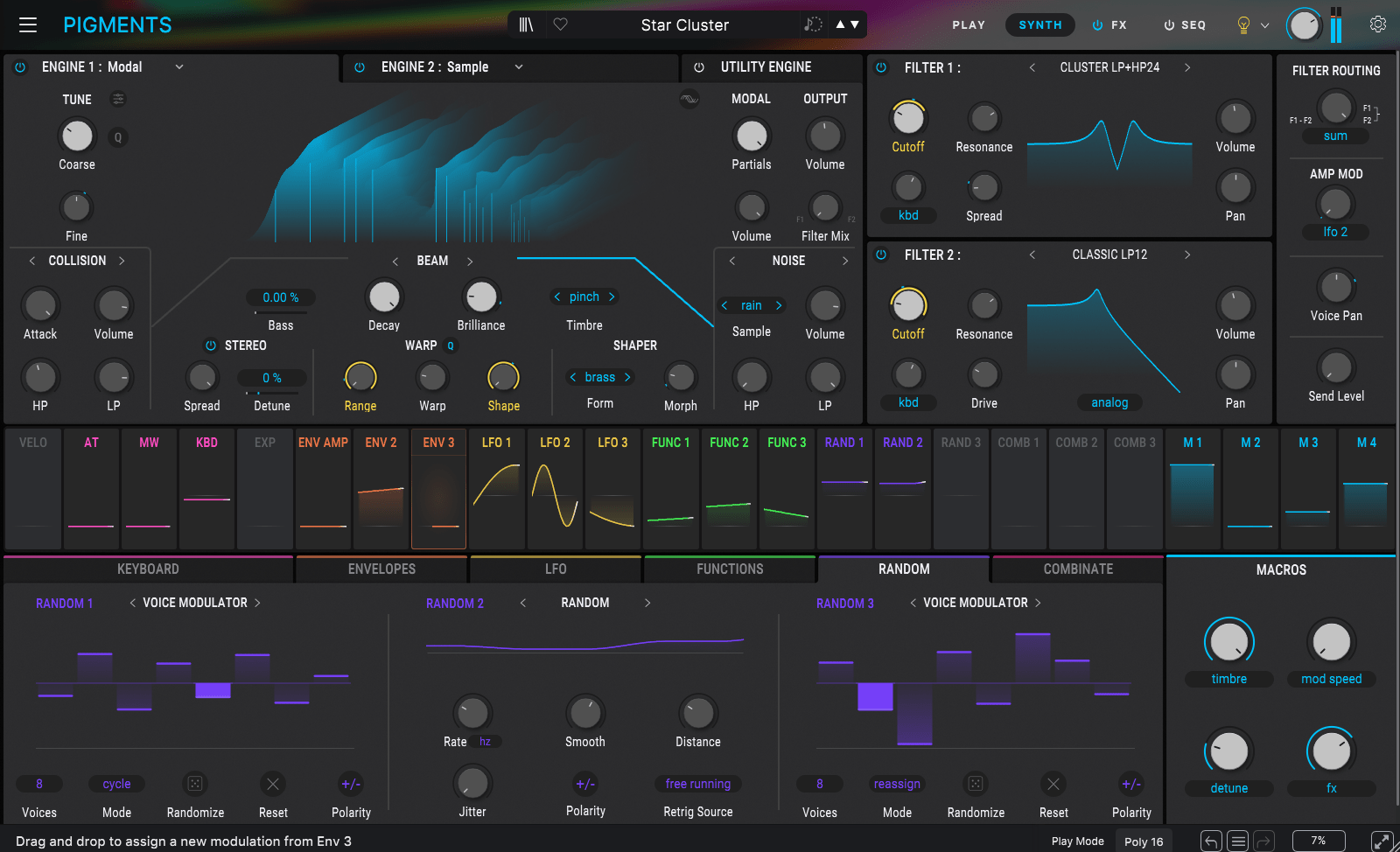 Arturia Pigments 6 Interface Showing Supernova Bass Presets and Sound Design Controls