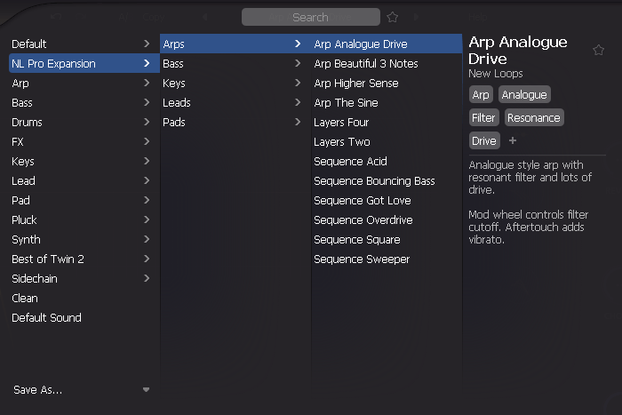Twin 3 Discovery ambient presets interface showing spacey electronic sounds from bundle collection