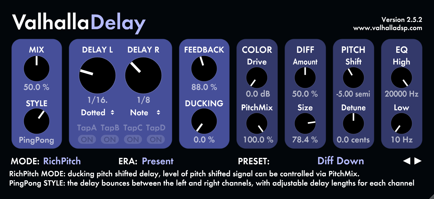 Valhalla Delay interface showing Creative Delays presets with organized categories and modern delay effects