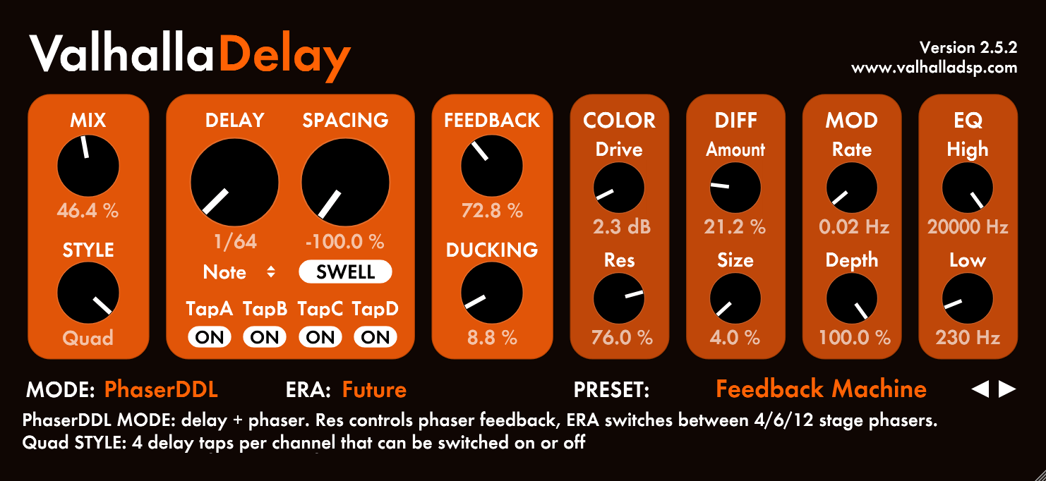 Valhalla Creative Delays preset collection showing RichPitch Mode and professional delay processing options