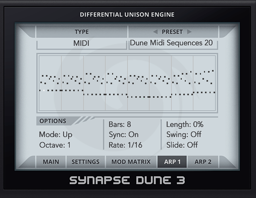 Dune Midi Sequences 1 — Dune 3 Presets and Midi Files interface showing midi sequence
