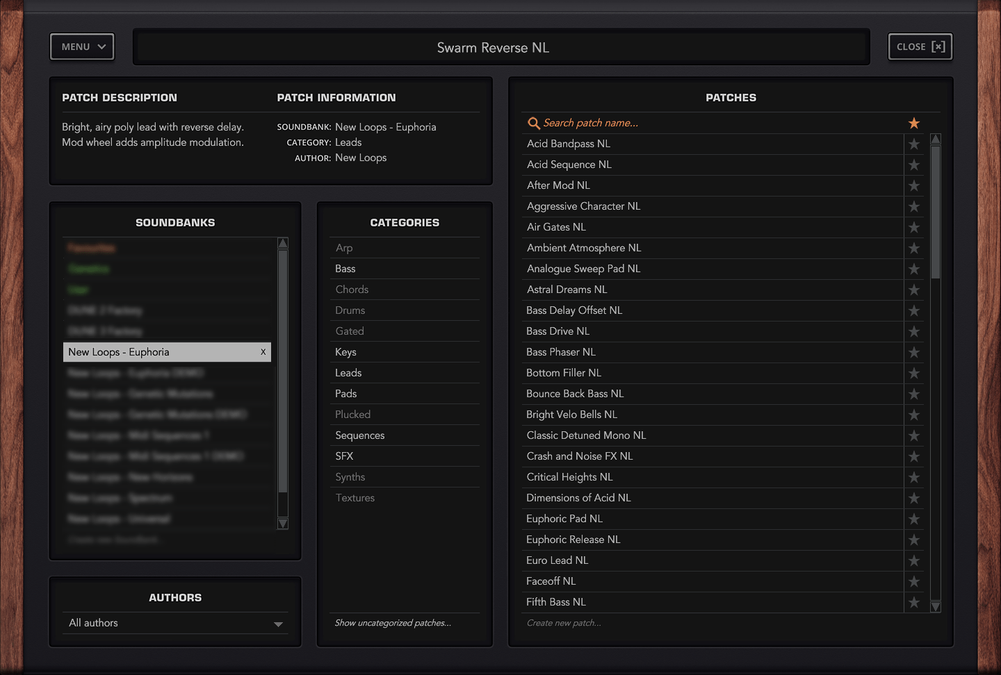 Euphoria Dune 3 preset browser displaying categorized trance and EDM sounds with mod wheel assignments