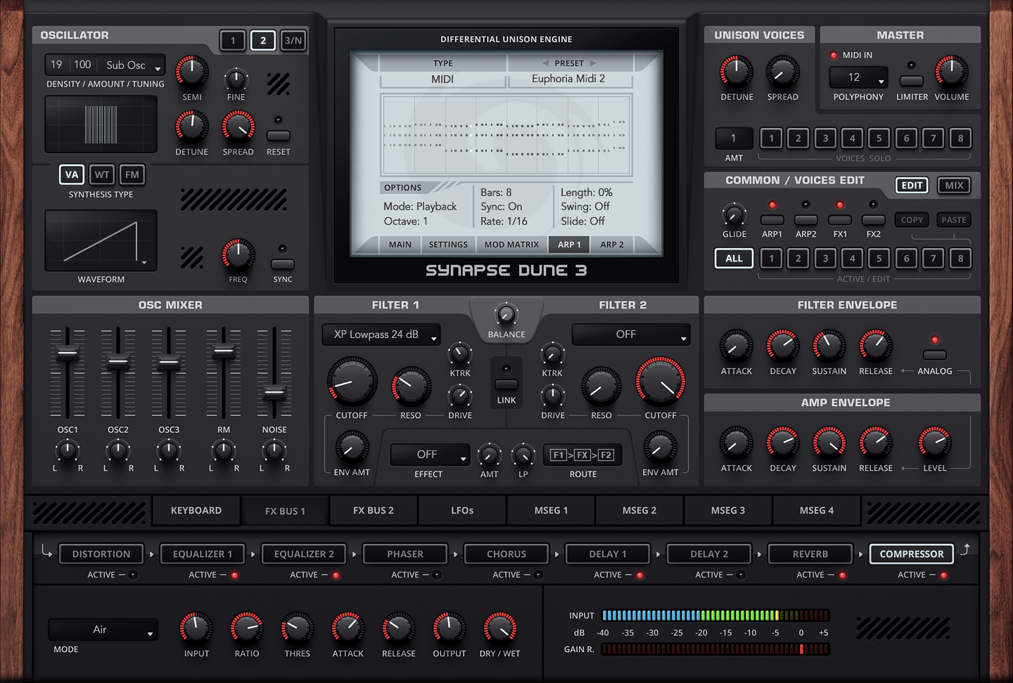 Dune 3 interface showing Euphoria trance presets with cutting leads and powerful sound design controls