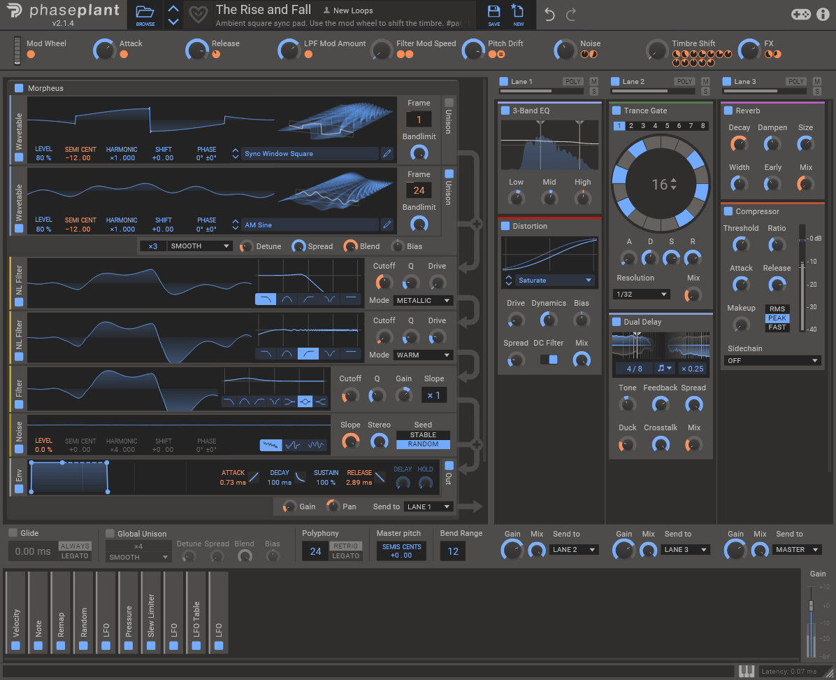 New Loops - Morpheus 32 ambient Kilohearts Phase Plant presets interface showing wavetable synthesis controls
