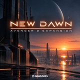 Promotional artwork for the New Dawn: Avenger 2 Expansion, featuring a futuristic city skyline at sunset with a large planet in the sky and the Newloops logo at the bottom.