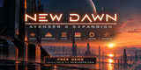 Promotional cover art for 'New Dawn: Avenger 2 Expansion' featuring a futuristic city skyline at sunset with glowing orange title text and feature icons for bass, sequences, pads, keys, leads, and effects. A banner at the bottom reads 'Free Demo Available at NewLoops.