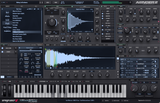 A screenshot of the Avenger 2 virtual instrument software interface, showing controls, waveform displays, a piano keyboard, and various knobs and sliders on a dark gray background.
