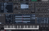 Digital software interface screenshot of the Avenger 2 virtual instrument by Vengeance Audio, featuring a piano keyboard at the bottom, waveform displays, knobs, and sliders on a dark gray background.