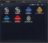 A screenshot of a software interface showing a library of audio samples or presets, with icons labeled Factory, Factory 2, Cataclysm, Granular Spheres, New Dawn, and Synthinstments under a Newloops brand.